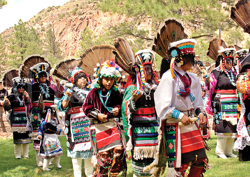 Zuni Pueblo dancers preforming traditional dances at Bandelier National Monument, New Mexic